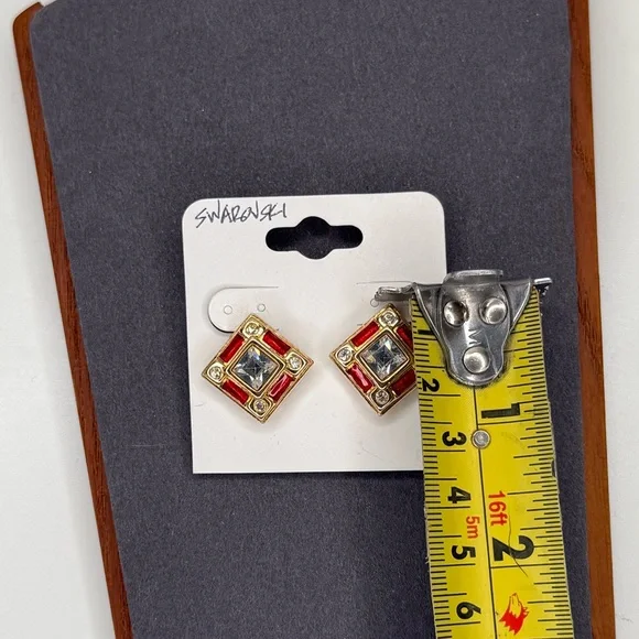 VTG Swarovski Swan Logo Art Deco Gold Red Enamel Crystal Clip Earrings Jewelry - Picture 6 of 6